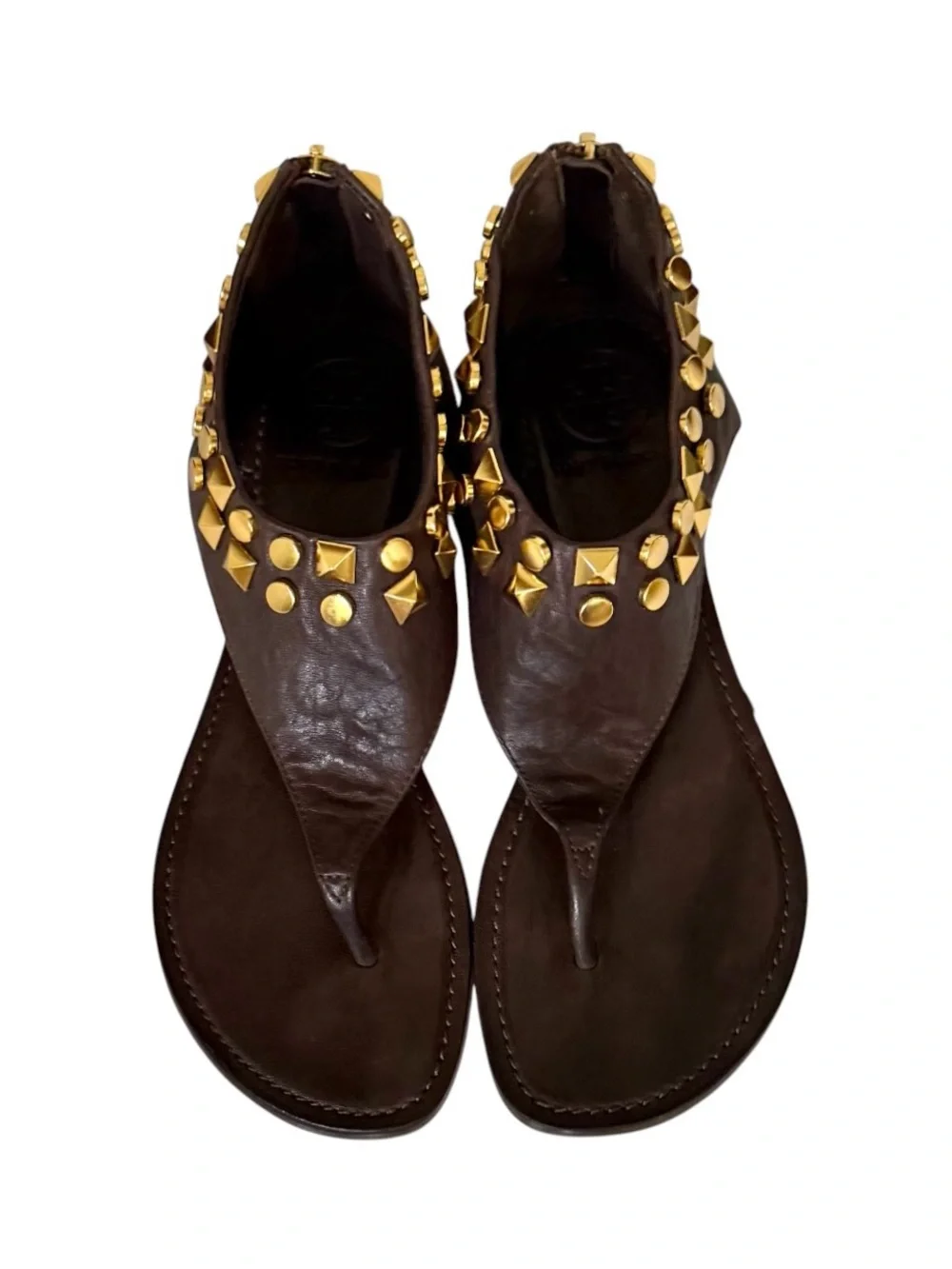 Tory Burch Dark Brown Gladiator Leather with Gold Studs Sandals Size 8